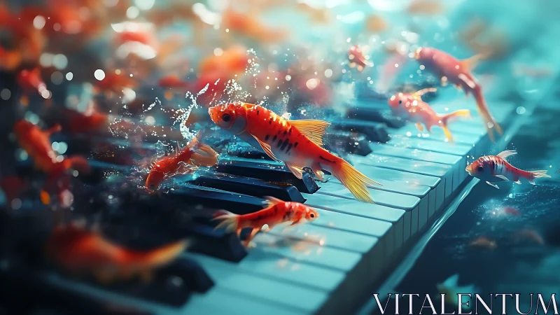 Koi fish surge across piano keys in glowing underwater haze