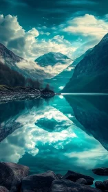 Symmetrical alpine fjord landscape reflects in cyan glacial lake