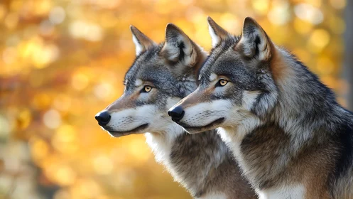 Autumn light glows behind three alert gray wolves in profile.