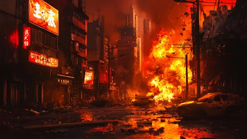 Urban street engulfed in explosion and heavy fire.