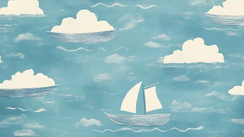 Sailboat illustration moves across stylized blue sea and sky