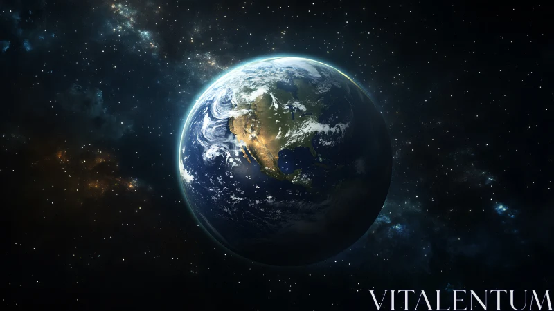 Planet Earth illuminated over starfield in high orbit view.