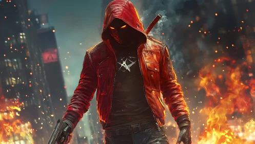 Hooded vigilante stalks burning city street with weapons.