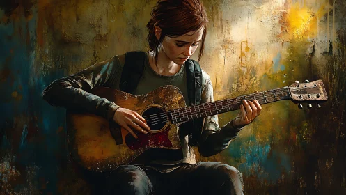 Teen guitarist studies worn acoustic against textured wall