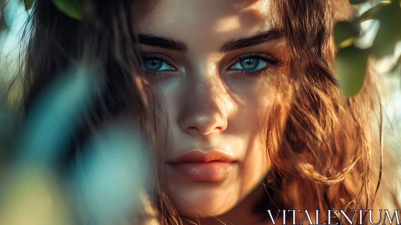 Sunlit blue-eyed portrait framed by soft foliage shadows.