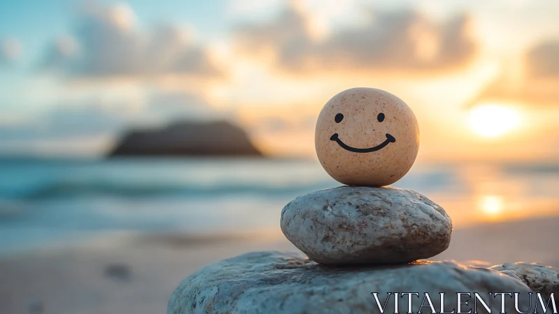 Minimalist beach still life with smiley stone focus at sunset.