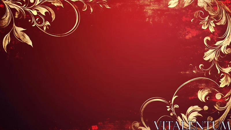 Golden floral curls on deep red vintage backdrop.