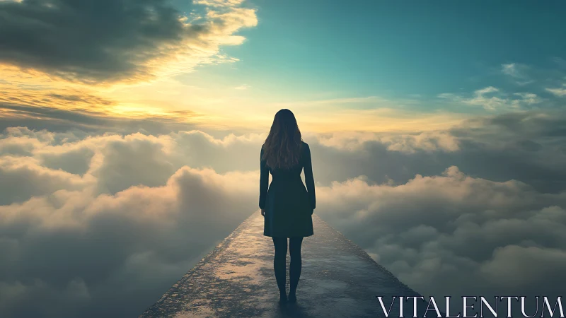 Silhouetted woman stands on narrow path above dense clouds