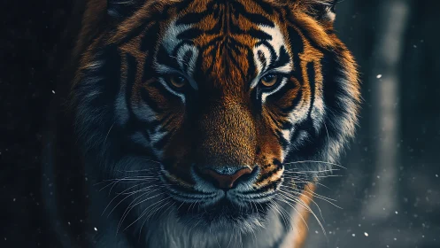 Close frontal view of tiger in dim forest environment.