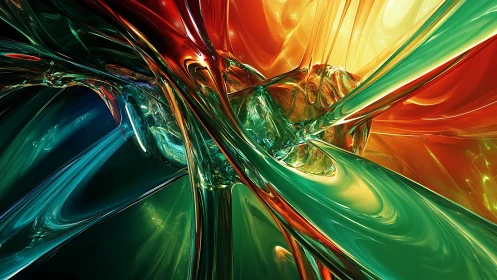 Glowing glass-like energy ribbons collide in vivid abstraction