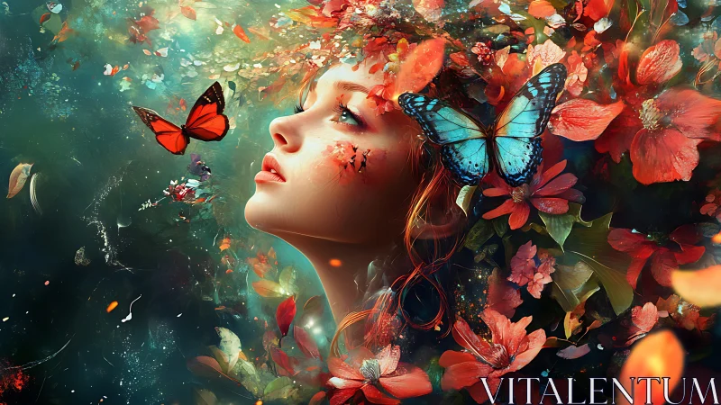 Female profile amid butterflies and red floral elements.
