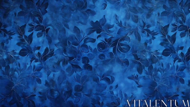 Midnight blue botanical pattern with layered foliage forms.