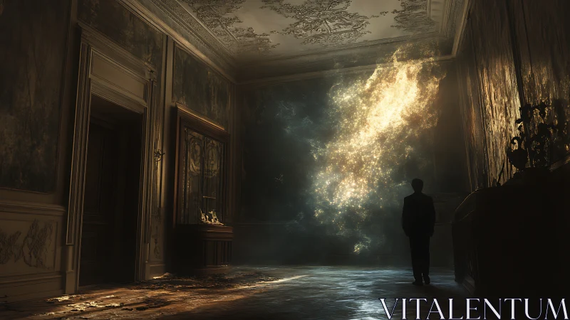 Man in decayed mansion watches glowing cosmic portal unfold.