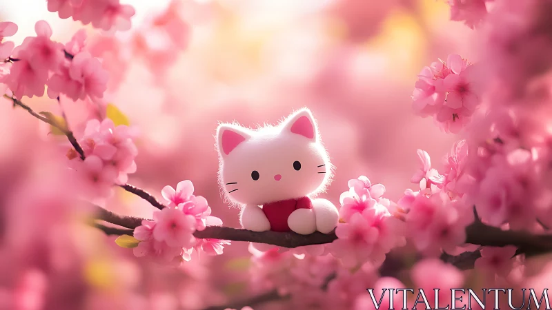 White cartoon cat toy on branch among pink blossoms.