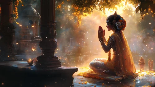 Sunlit temple prayer where blossoms, incense and hush intertwine.