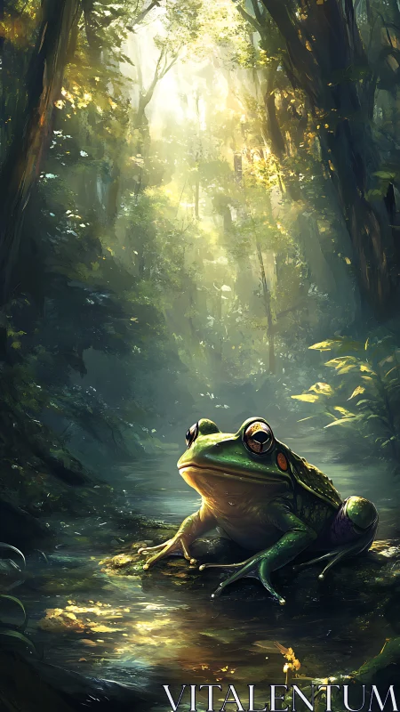 Gentle frog under sunlit forest canopy, quietly daydreaming.