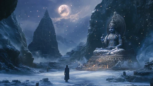 Moonlit mountain temple welcomes a serene cosmic guardian