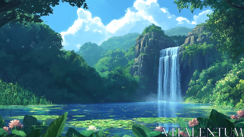 Waterfall flows into reflective pond framed by dense foliage