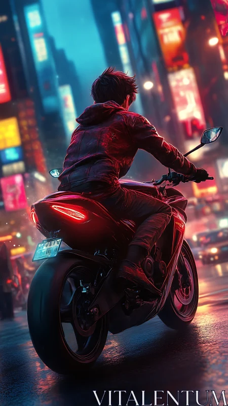 Motorcyclist in rain-soaked neon city street at night scene.