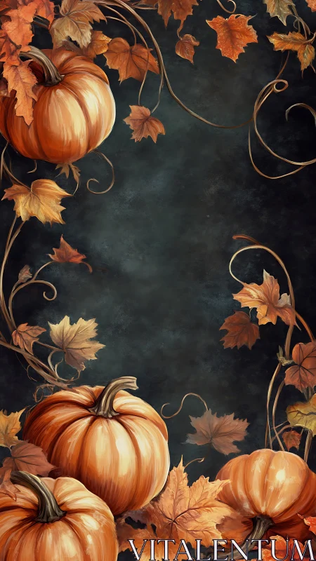 Pumpkins with autumn leaves on dark textured background.
