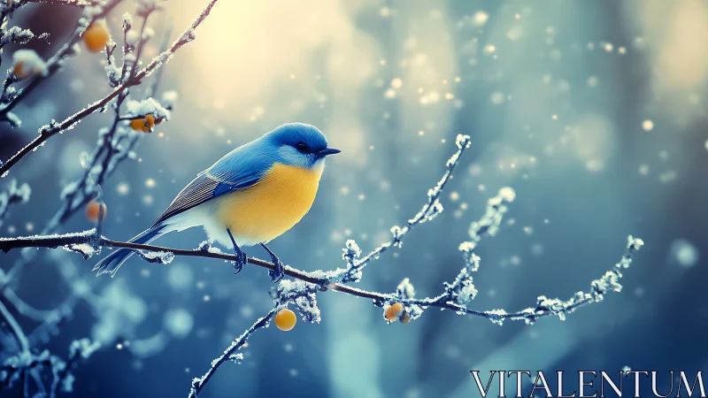 Blue and Yellow Bird on Frosty Branch in Dreamy Winter Scene.
