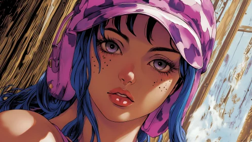 Pink cap portrait of blue haired girl in close focus.