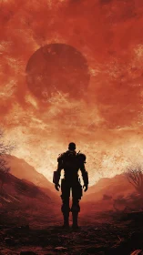 Armored figure stands in red wasteland beneath obscured sun