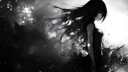 Dark haired anime girl in dissolving black ink clouds.