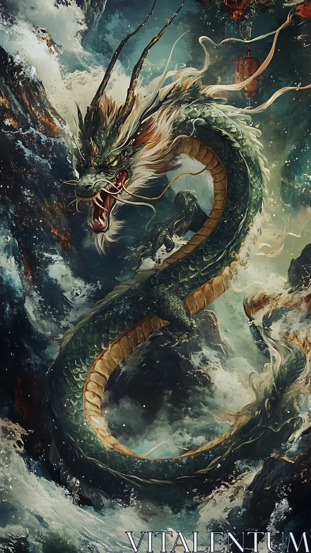 Dynamic fantasy seadragon in storm-tossed vertical composition.