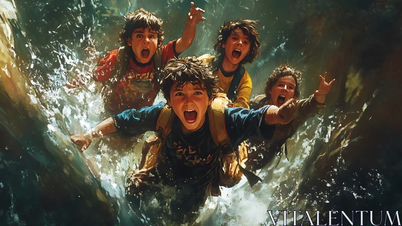 Four Young Adventurers Plunge Through Cascading Emerald Waters