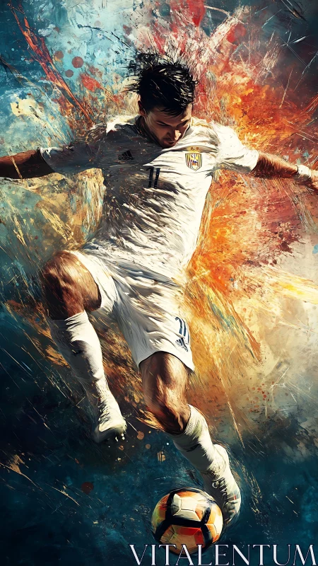 Electric soccer kick exploding through swirling color storm.