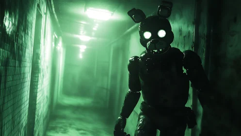 Glowing eyed animatronic stalks toxic green corridor