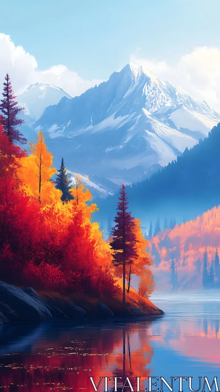 Autumn conifer forest beside alpine lake and snow peaks.