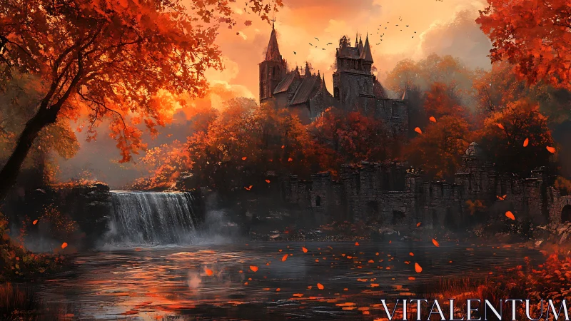 Haunted stone castle above autumn waterfall and river.