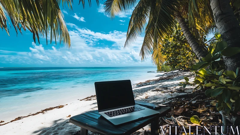 Laptop positioned on beach table with tropical ocean view