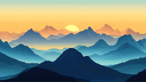 Serene sunrise unfolds over layered blue mountain ranges