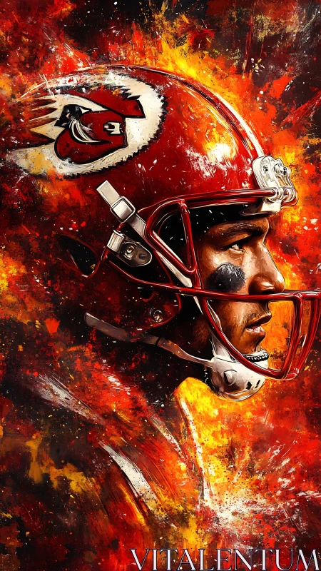 Intense football player profile amid explosive red flames