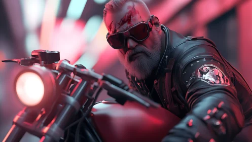 Cyberpunk biker portrait in neon corridor, shallow focus rendering.