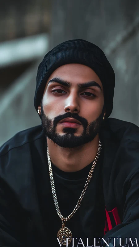Moody urban portrait of bearded man in beanie and gold chain