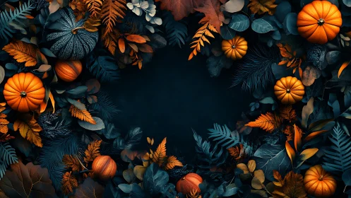 Moody harvest wreath with glowing pumpkins and forest leaves.