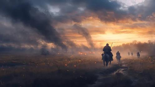 Riders crossing a burning plain beneath stormlit sunset.