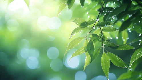 Green leaves with water droplets against soft bokeh light.