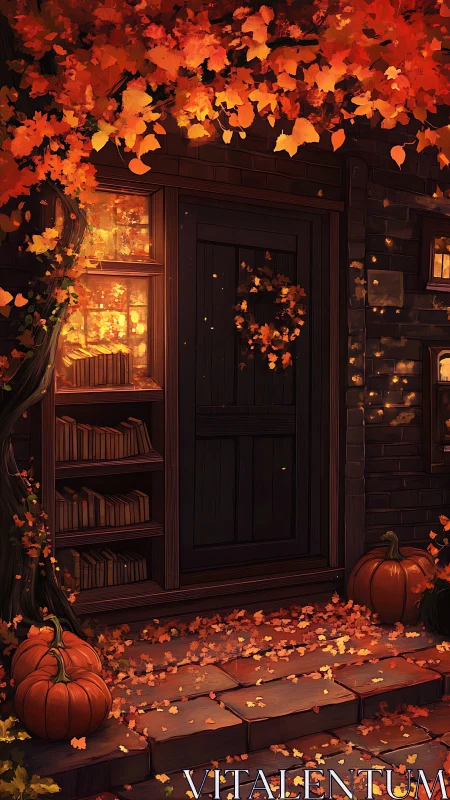 Autumn-lit doorway with pumpkins, bookshelves and falling leaves.