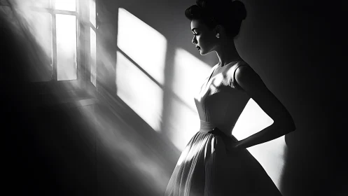 Elegant woman in light and shadow near window.