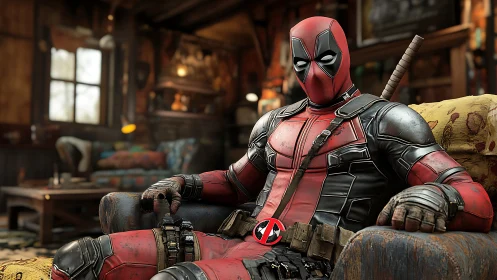 Relaxed masked hero lounging in a cozy cluttered hideout.