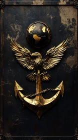 Gilded eagle anchor crest under patinated global relief emblem.