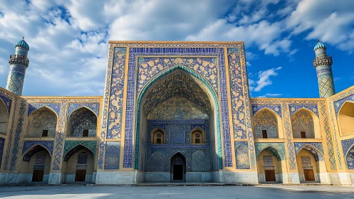Islamic mosque courtyard with ornate tiled iwan façade.