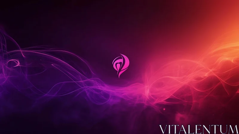 Abstract digital art with swirling purple and orange waves and symbol.