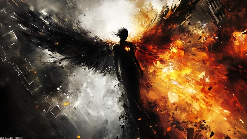 Winged figure between fire and shadow in bold motion.