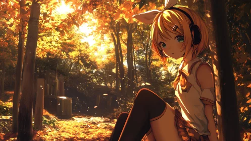 Headphoned girl in autumn forest with warm sunlight glow.